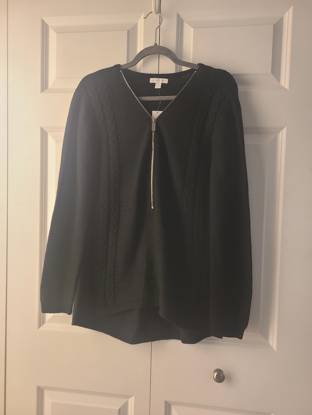 New York & Company Black V-Neck Zip Cable Knit Sweater